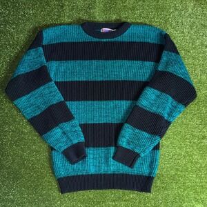 Vintage Sweater Graphix Mens XL Striped Crewneck Sweater Teal Black Acrylic Knit